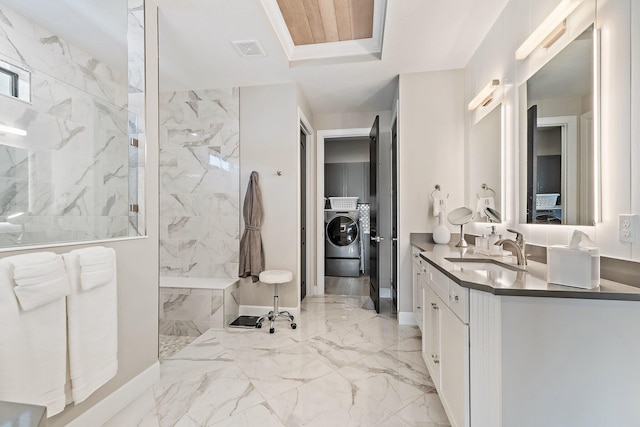 122 Cerulean Key Way, Jupiter, FL 33478 - full bathroom featuring vanity, a marble finish shower, separate washer and dryer, marble finish floors, and baseboards