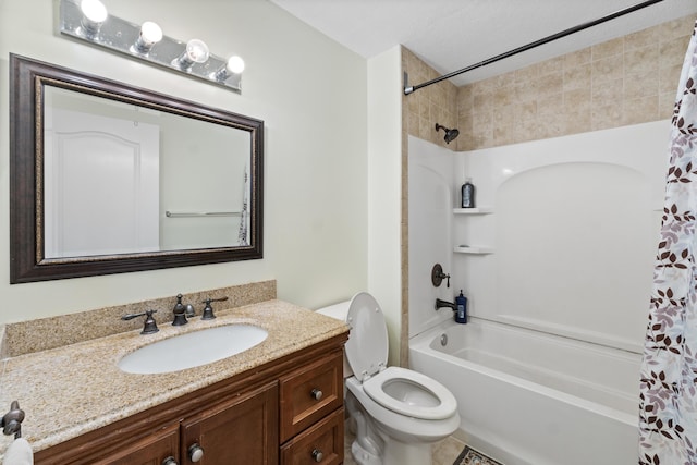 bathroom with toilet, vanity, and shower / bathtub combination with curtain