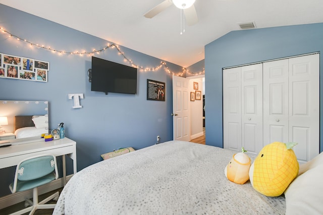1644 Oak Berry Cir, Wellington, FL 33414 - bedroom featuring vaulted ceiling, a closet, and a ceiling fan