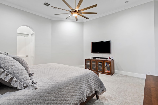 16313 Mira Vista Ln, Delray Beach, FL 33446 - carpeted bedroom with baseboards, crown molding, ceiling fan, and arched walkways
