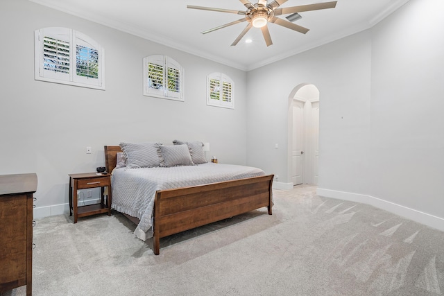 16313 Mira Vista Ln, Delray Beach, FL 33446 - bedroom with arched walkways, baseboards, light carpet, crown molding, and ceiling fan