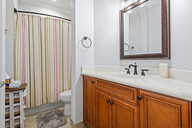 16313 Mira Vista Ln, Delray Beach, FL 33446 - bathroom with ornamental molding, vanity, toilet, and a shower with shower curtain