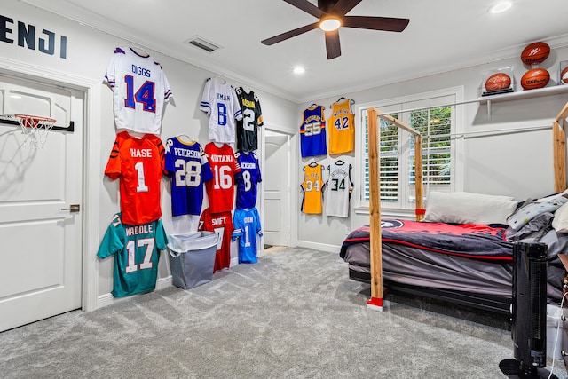 16313 Mira Vista Ln, Delray Beach, FL 33446 - bedroom with ornamental molding, carpet flooring, baseboards, recessed lighting, and ceiling fan