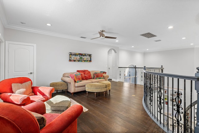 16313 Mira Vista Ln, Delray Beach, FL 33446 - living area featuring ceiling fan, recessed lighting, wood finished floors, arched walkways, and ornamental molding