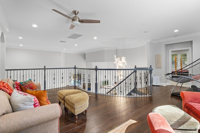 16313 Mira Vista Ln, Delray Beach, FL 33446 - living area with ceiling fan, recessed lighting, crown molding, hardwood / wood-style floors, and a chandelier