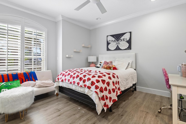 16313 Mira Vista Ln, Delray Beach, FL 33446 - bedroom with ornamental molding, wood finished floors, recessed lighting, a ceiling fan, and baseboards