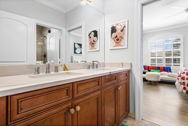 16313 Mira Vista Ln, Delray Beach, FL 33446 - ensuite bathroom with ornamental molding, a shower, and double vanity