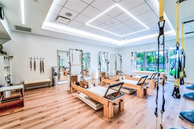 16313 Mira Vista Ln, Delray Beach, FL 33446 - gym featuring a raised ceiling and light wood-type flooring