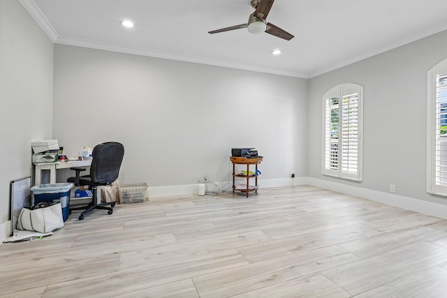 16313 Mira Vista Ln, Delray Beach, FL 33446 - unfurnished office featuring a ceiling fan, crown molding, recessed lighting, wood finished floors, and baseboards