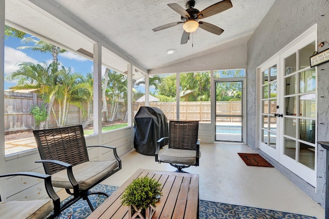 18428 Alydar Way, Boca Raton, FL 33496 - sunroom / solarium with vaulted ceiling, ceiling fan, and french doors