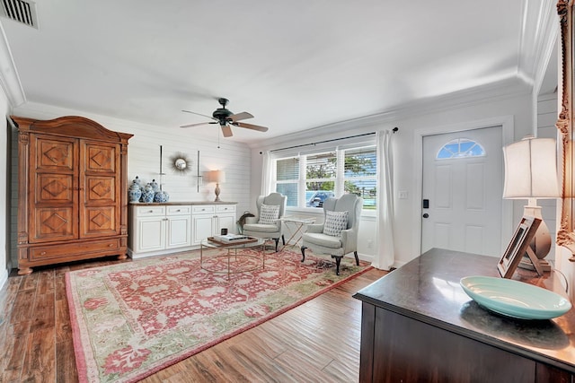 18428 Alydar Way, Boca Raton, FL 33496 - foyer entrance featuring ornamental molding, a ceiling fan, wood finished floors, and wood walls