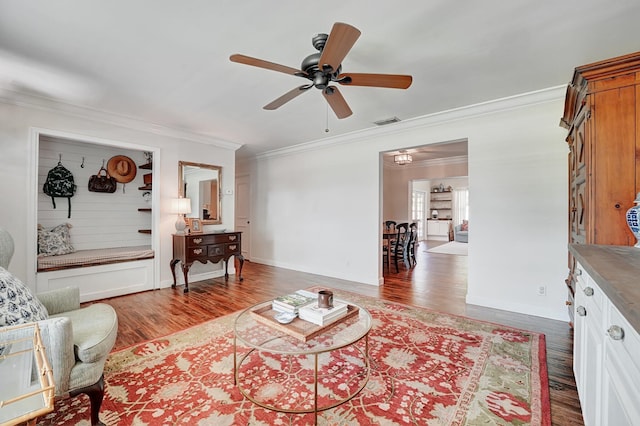 18428 Alydar Way, Boca Raton, FL 33496 - living room with ornamental molding, wood finished floors, a ceiling fan, and baseboards