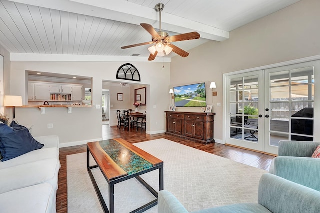 18428 Alydar Way, Boca Raton, FL 33496 - living area featuring dark wood-style flooring, ceiling fan, baseboards, and french doors