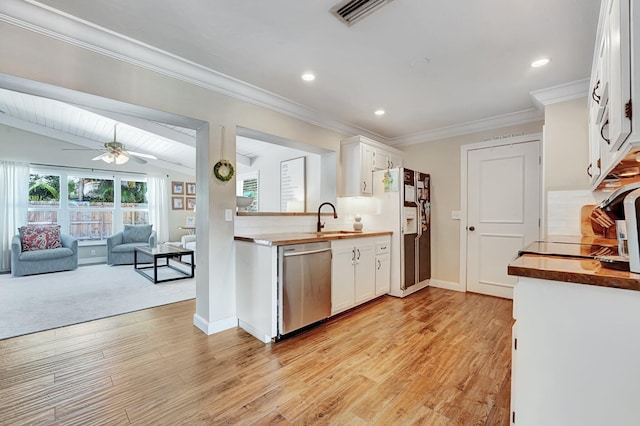 18428 Alydar Way, Boca Raton, FL 33496 - kitchen featuring stainless steel dishwasher, butcher block countertops, a sink, white refrigerator with ice dispenser, and crown molding