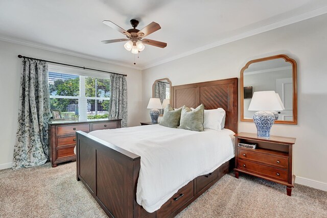 18428 Alydar Way, Boca Raton, FL 33496 - bedroom featuring light colored carpet, baseboards, ornamental molding, and a ceiling fan