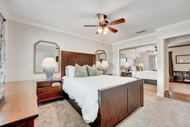 18428 Alydar Way, Boca Raton, FL 33496 - bedroom with light carpet, a closet, ornamental molding, and a ceiling fan
