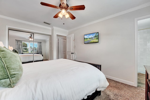 18428 Alydar Way, Boca Raton, FL 33496 - carpeted bedroom with baseboards, ornamental molding, a ceiling fan, ensuite bath, and a closet