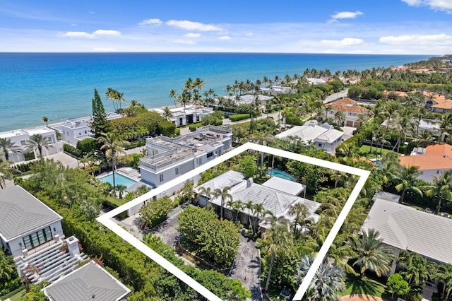 112 Algoma Rd, Palm Beach, FL 33480 - aerial perspective of suburban area with property parcel outlined, a pool area, and a nearby body of water