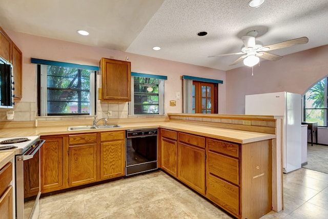 13705 Persimmon Blvd, The Acreage, FL 33411 - kitchen featuring dishwasher, a sink, stainless steel range with electric stovetop, a peninsula, and light countertops