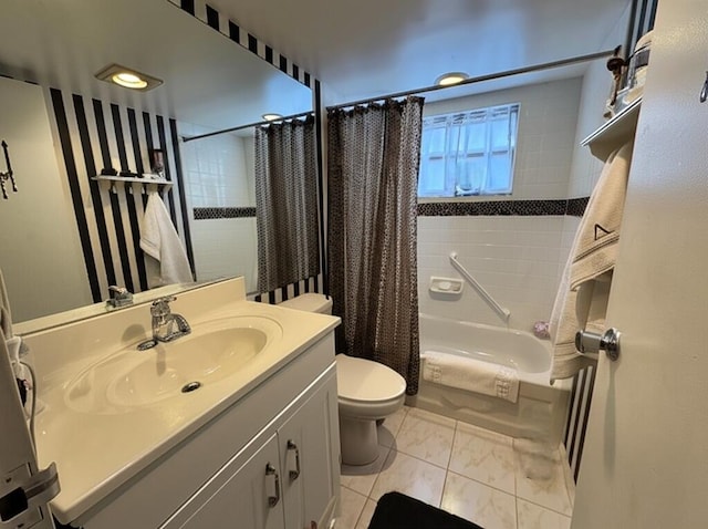 521 Saxony K, Delray Beach, FL 33446 - bathroom featuring vanity, toilet, shower / tub combo with curtain, and marble finish flooring