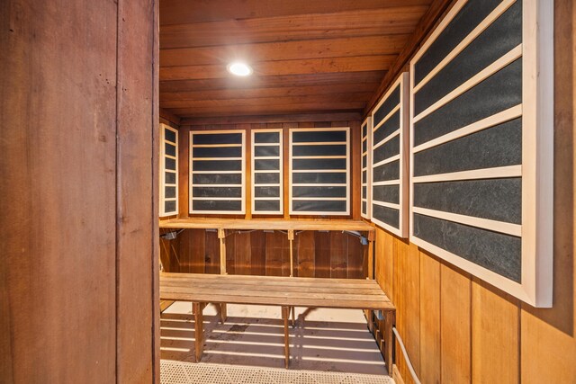 sauna / steam room featuring wood ceiling, wood walls, and recessed lighting