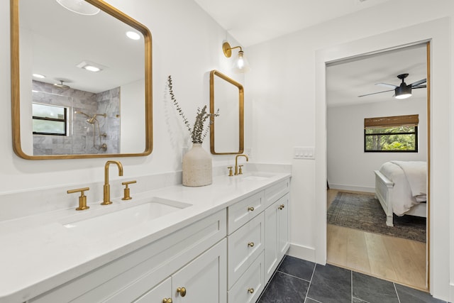 4972 S Kay St, Palm Beach Gardens, FL 33418 - bathroom with double vanity, tile patterned floors, a shower, connected bathroom, and ceiling fan