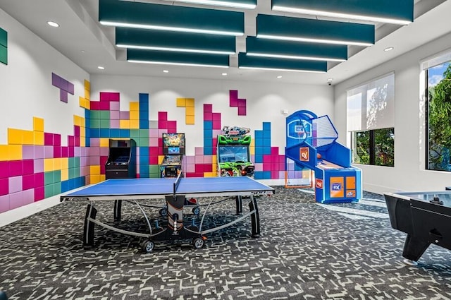 8342 Crystal Downs Ave, Boca Raton, FL 33434 - recreation room featuring recessed lighting, carpet, and tile walls