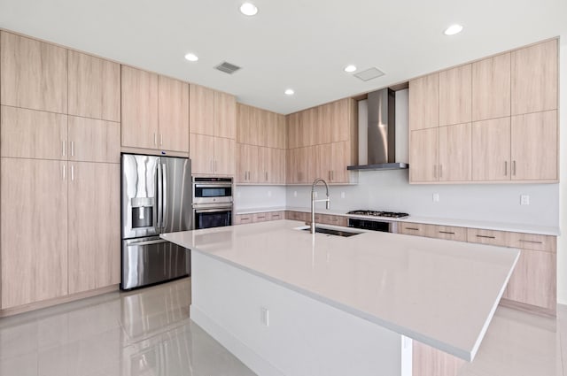 8342 Crystal Downs Ave, Boca Raton, FL 33434 - kitchen featuring stainless steel appliances, wall chimney range hood, modern cabinets, light brown cabinetry, and a sink
