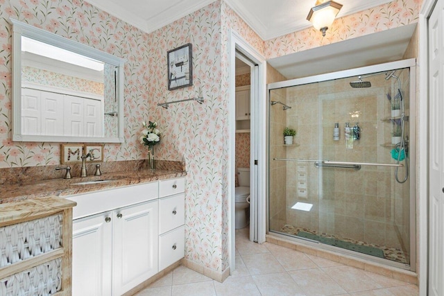 1345 SW Cedar Cv E, Port Saint Lucie, FL 34986 - full bath with a stall shower, ornamental molding, toilet, wallpapered walls, and tile patterned flooring