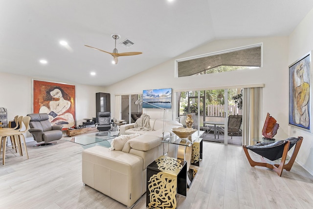 12092 Aprilia Dr, Boynton Beach, FL 33437 - living room featuring light wood-type flooring, high vaulted ceiling, recessed lighting, and ceiling fan