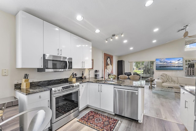 12092 Aprilia Dr, Boynton Beach, FL 33437 - kitchen featuring appliances with stainless steel finishes, a sink, open floor plan, light wood-style floors, and recessed lighting