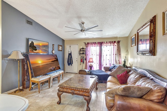 4296 Woodstock Dr Unit A, West Palm Beach, FL 33409 - living area with a textured ceiling, a ceiling fan, and lofted ceiling
