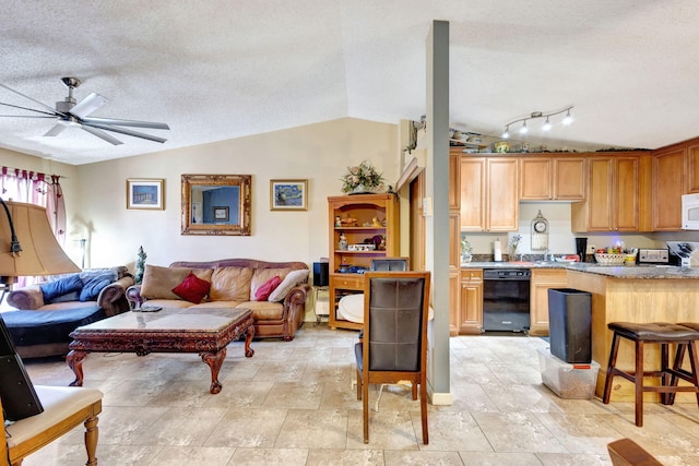 4296 Woodstock Dr Unit A, West Palm Beach, FL 33409 - living area featuring a textured ceiling, vaulted ceiling, and ceiling fan