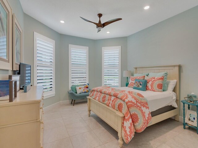 5082 Monroe Cir, Vero Beach, FL 32967 - bedroom featuring baseboards, light tile patterned floors, recessed lighting, and a ceiling fan