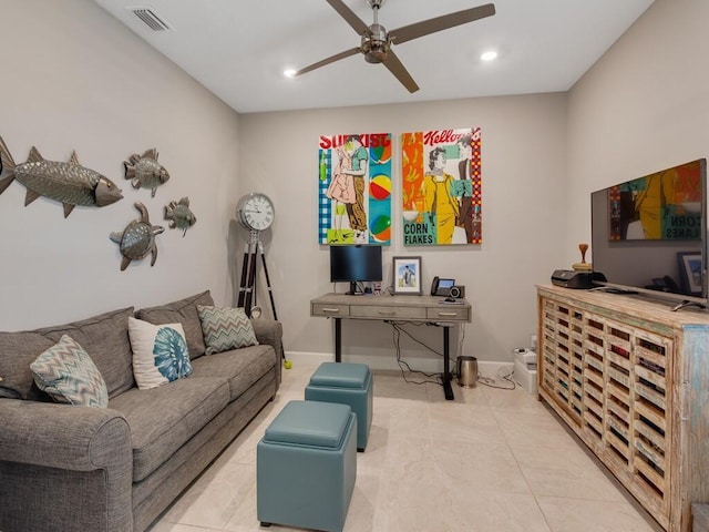 5082 Monroe Cir, Vero Beach, FL 32967 - living room featuring a ceiling fan, recessed lighting, tile patterned flooring, and baseboards