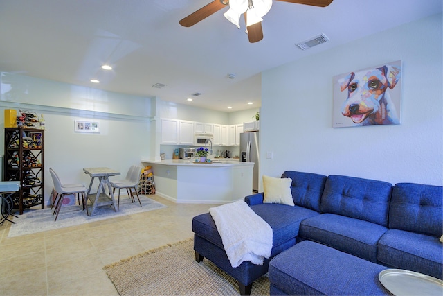 1406 W Wickham Cir Unit A, Delray Beach, FL 33445 - living room with a ceiling fan, recessed lighting, and light tile patterned floors