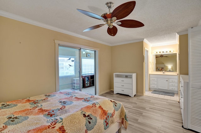 3647 SW Natura Ave Unit B, Deerfield Beach, FL 33441 - bedroom with ornamental molding, light wood-style flooring, ceiling fan, ensuite bath, and baseboards