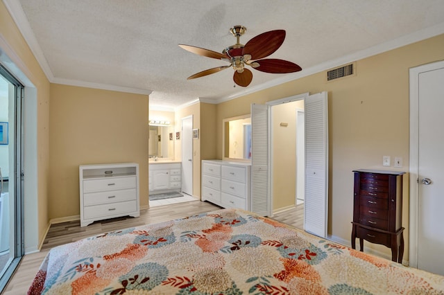 3647 SW Natura Ave Unit B, Deerfield Beach, FL 33441 - bedroom with light wood-style floors, ornamental molding, baseboards, a textured ceiling, and ceiling fan