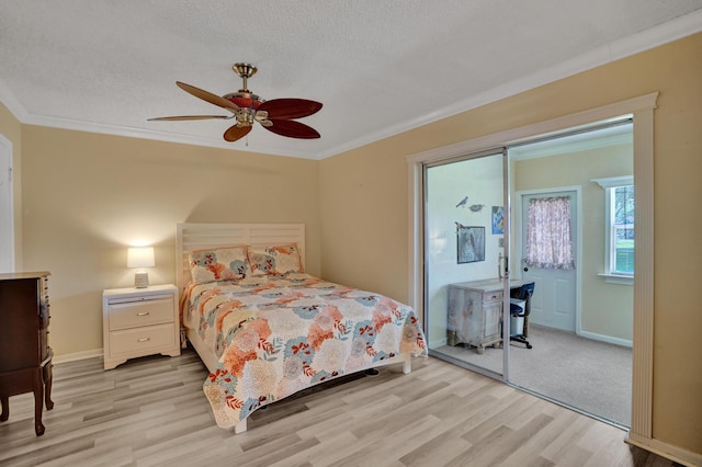 3647 SW Natura Ave Unit B, Deerfield Beach, FL 33441 - bedroom with light wood-style floors, crown molding, baseboards, ceiling fan, and a textured ceiling