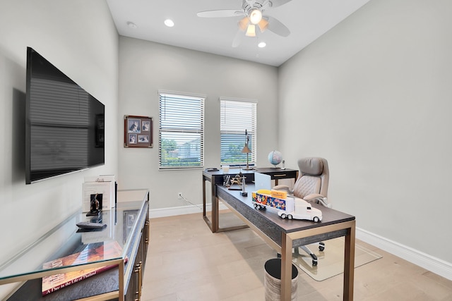 home office featuring ceiling fan, baseboards, and recessed lighting