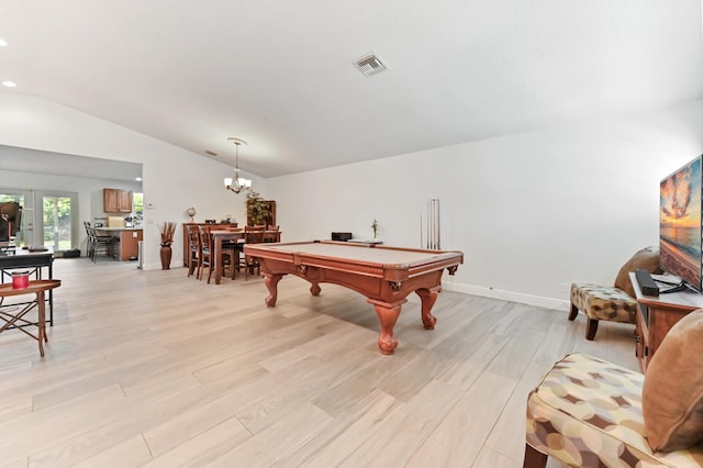 1184 Landings Run, Greenacres, FL 33413 - recreation room featuring lofted ceiling, light wood-style floors, a chandelier, pool table, and recessed lighting