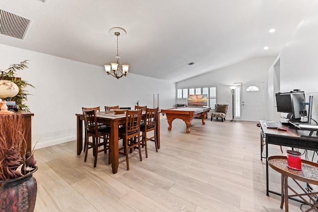 1184 Landings Run, Greenacres, FL 33413 - dining area featuring pool table, vaulted ceiling, light wood-style flooring, a chandelier, and recessed lighting