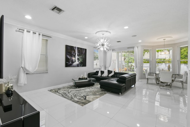 2371 Simonson Dr, Wellington, FL 33414 - living area featuring a chandelier, recessed lighting, ornamental molding, light tile patterned flooring, and baseboards