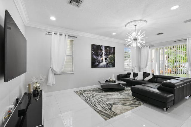 2371 Simonson Dr, Wellington, FL 33414 - living area with a chandelier, recessed lighting, ornamental molding, tile patterned flooring, and baseboards