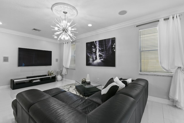2371 Simonson Dr, Wellington, FL 33414 - living room featuring a chandelier, baseboards, marble look tiles, crown molding, and recessed lighting