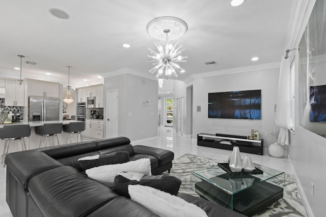 2371 Simonson Dr, Wellington, FL 33414 - living room featuring recessed lighting, a chandelier, baseboards, and ornamental molding