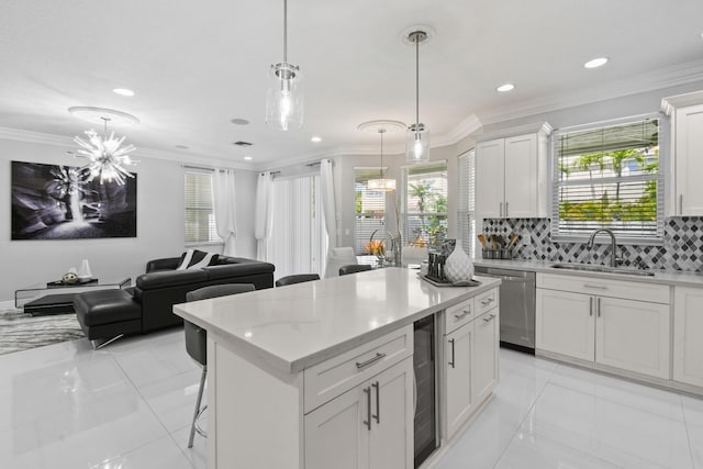 2371 Simonson Dr, Wellington, FL 33414 - kitchen with dishwasher, a sink, wine cooler, backsplash, and white cabinetry