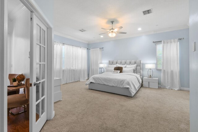 2371 Simonson Dr, Wellington, FL 33414 - carpeted bedroom featuring crown molding, multiple windows, recessed lighting, a ceiling fan, and baseboards