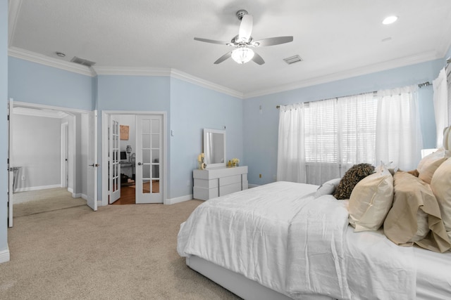 2371 Simonson Dr, Wellington, FL 33414 - bedroom with french doors, ornamental molding, carpet floors, baseboards, and ceiling fan
