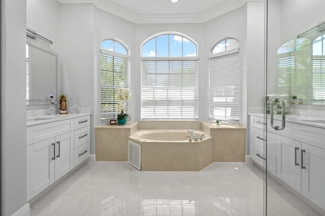 2371 Simonson Dr, Wellington, FL 33414 - bathroom with vanity, crown molding, and a garden tub